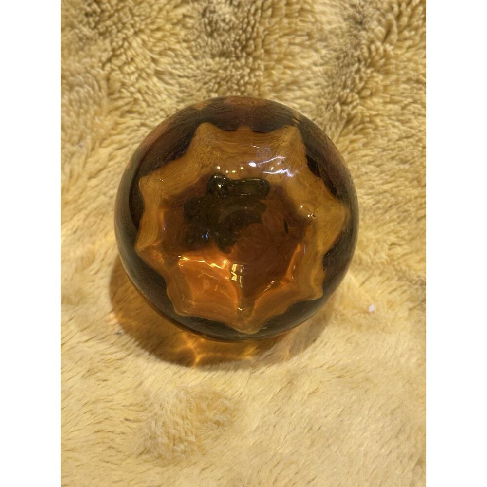 Blenko Hand Blown Pumpkin Optic Glass Topaz 6.5 in w/Green Stem Halloween /Fall - Picture 3 of 7
